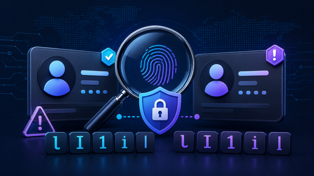 Security shield comparing visually similar Unicode usernames to prevent impersonation