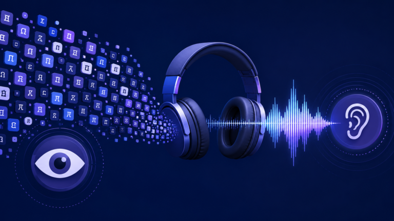 Unicode small text flowing into headphones and an audio waveform for screen reader testing