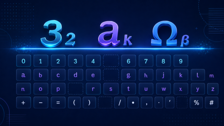Lowered Unicode number, letter and symbol tiles with missing character slots